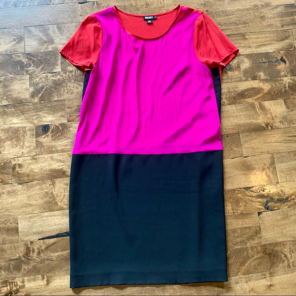DKNY silk colorblock dress red pink black Sz L